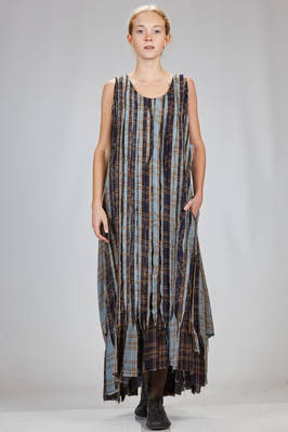 long and wide dress made of raw cut fabric bands of different viscose tartan  - 346