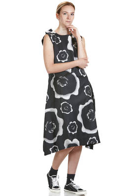 calf length dress, wide, in wool gabardine with rubberized pattern of stylized and abstract roses, lined in cupro  - 157