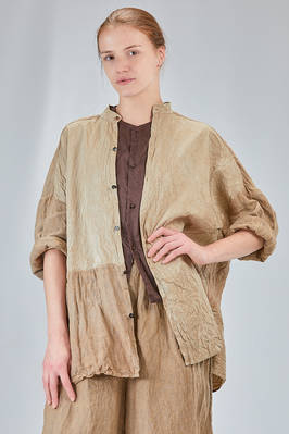 long and wide shirt in washed and flamed linen canvas built as patchwork and washed silk taffetas  - 385