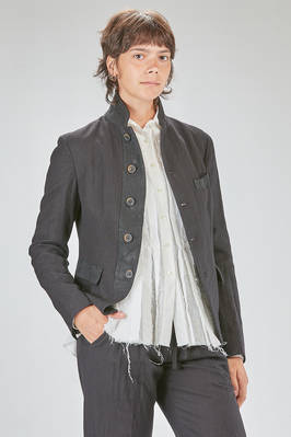 hip-lenght jacket, slim, in washed wool and ramié sallia with parts in viscose and polyamide shantung jacquard - FORME D' EXPRESSION 