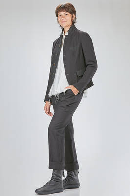 hip-lenght jacket, slim, in washed wool and ramié sallia with parts in viscose and polyamide shantung jacquard - FORME D' EXPRESSION 